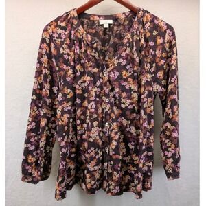 J.Jill Floral Button Front Top Size Medium Purple Brown Fall Floral Cottagecore